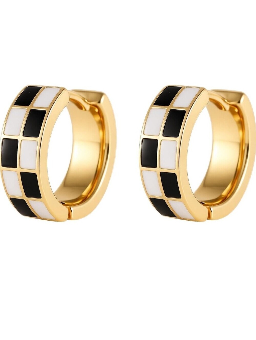 Gold Hoop Earrings with Black and White Check Inlay
